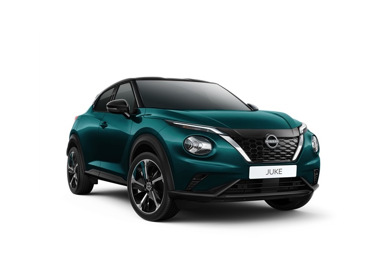 Nissan Juke 1.6 HEV 143 AT PULSE [Deep Ocean (YBJ) + kola se zelenými dekorativními prvky]